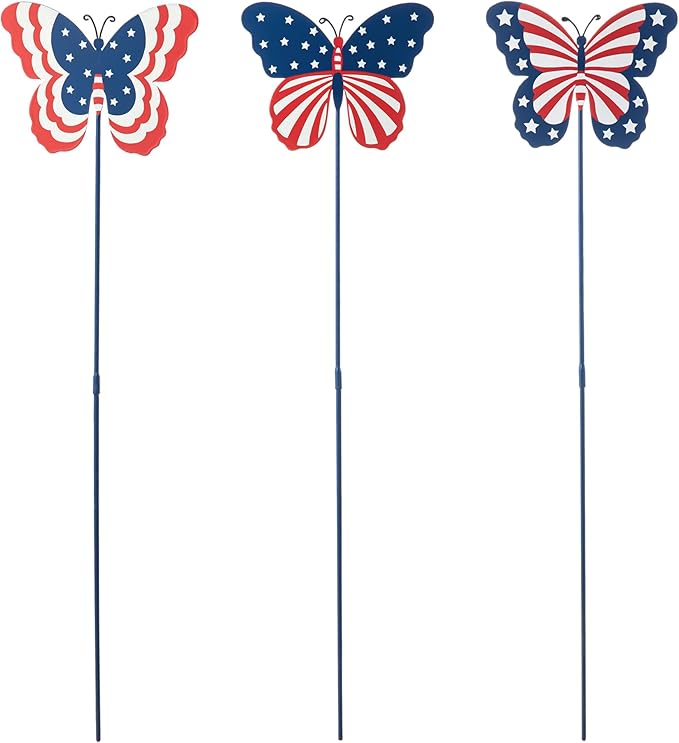 Glitzhome 24" H Patriotic Metal Butterfly Yard Stakes,Set of 3 Butterflies Hanging Ornaments Americana 4th July Garden Yard Signs Independence Day Indoor Outdoor Wall Decorations