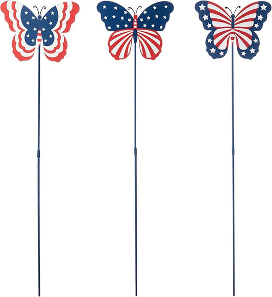 Glitzhome 24" H Patriotic Metal Butterfly Yard Stakes,Set of 3 Butterflies Hanging Ornaments Americana 4th July Garden Yard Signs Independence Day Indoor Outdoor Wall Decorations