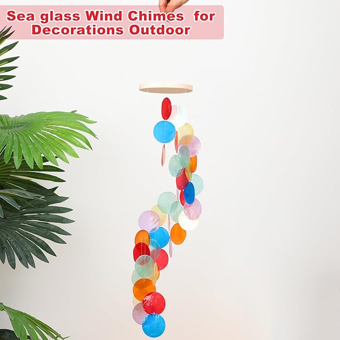 Wenqik Sea Glass Shell Wind Chimes for Outside Seaglass Capiz Windchime Spiral Wind Chimes for Women Beach Holiday Summer Gift Indoor Outdoor Home Housewarming Garden Decor(Colorful)