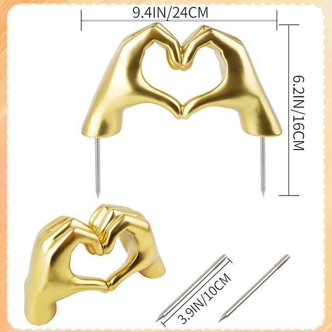 FlidRunest Cemetery Grave Heart Hands Sculpture with Metal Ground Plug, Headstone Resin Heart Gesture Hands for Graves, Grave Decorations, Memorials, and Sympathy Gifts for the Loss of Loved Ones Gold