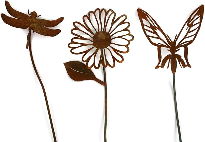 Metal Rustic and Colorful Flower Stakes Ranging from 9.5 to 36 Inches Tall (Daisy, Butterfly and Dragonfly Stake Set, Naturally Rusted)
