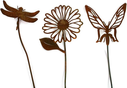 Metal Rustic and Colorful Flower Stakes Ranging from 9.5 to 36 Inches Tall (Daisy, Butterfly and Dragonfly Stake Set, Naturally Rusted)