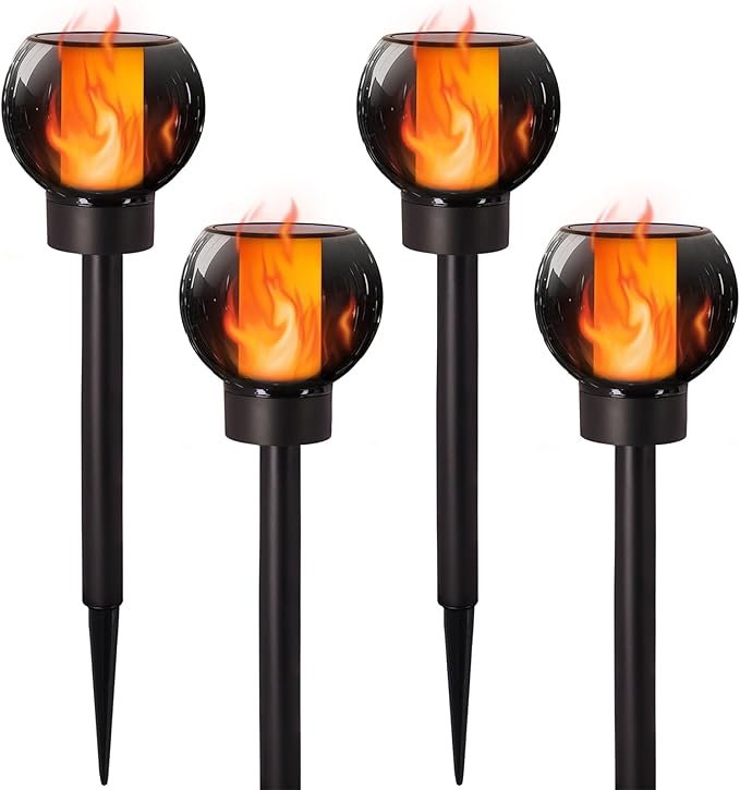 Dynaming 4 Pack Solar Torch Lights Outdoor, Flickering Flame Christmas Pathway Solar Globe Lights, Auto On/Off Garden Decorative Light, Waterproof for Landscape Lawn Patio Yard Walkway Deck Driveway