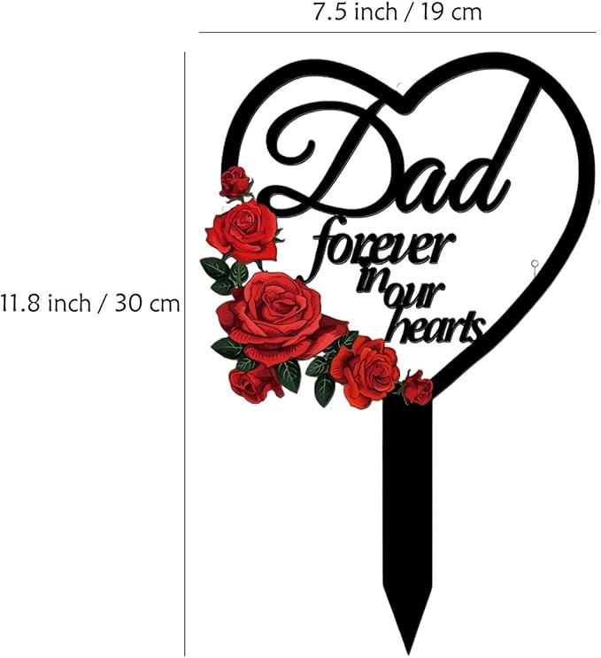 AIM & GGKK Memorial Stake for Dad - Metal Heart Grave Marker with Red Roses, Memorial Plaque Cemetery Decor for Grave, Garden, Gravesite