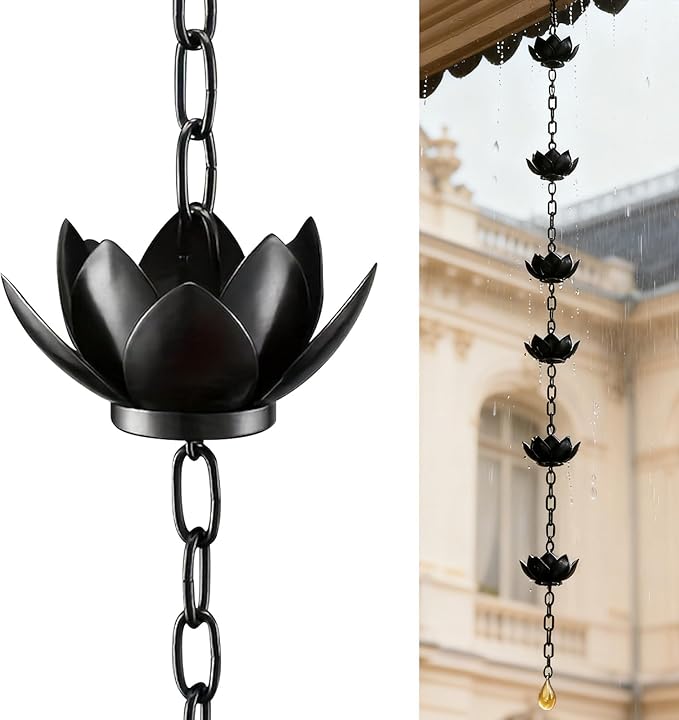 Upriver Lotus Rain Chain,3.93ft Black Iron Rain Chains for Gutters,Rust Resistant Rain Catchers for Divert Water and Indoor,Outdoor Decoration