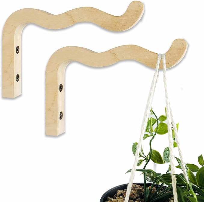 EvenWood 2-Piece Set of Wavy Wooden Wall Planters for Indoor Plants 6 Inch - Natural Plant Hook for Wall Plant, Wind Chimes, Flower Brackets, Patio Garden Decorations - Bracket Plant Hanger (Natural)