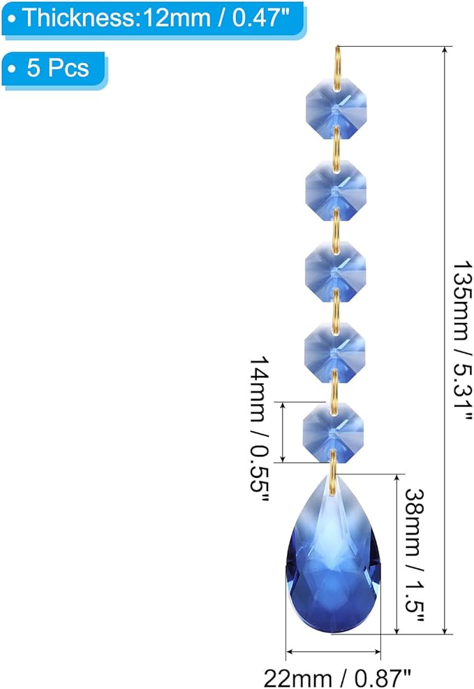 PATIKIL Teardrop Crystal Chandelier Pendants Beads, 5 Pack 135mm Length 38mm Chandelier Prisms Parts Ornaments Hanging Beads for DIY Arts Crafts Decoration, Light Blue