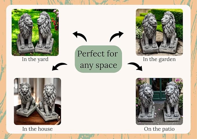 Lions Outdoor Sculpture Concrete Animals Statue Garden Painted Figure Yard Stone Decoration Front Door Entrance Figurines Pair of Lions on Pedestal Cement Gift