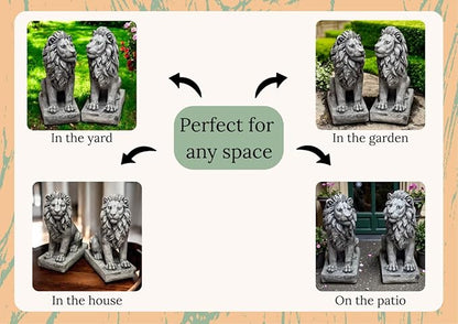 Lions Outdoor Sculpture Concrete Animals Statue Garden Painted Figure Yard Stone Decoration Front Door Entrance Figurines Pair of Lions on Pedestal Cement Gift