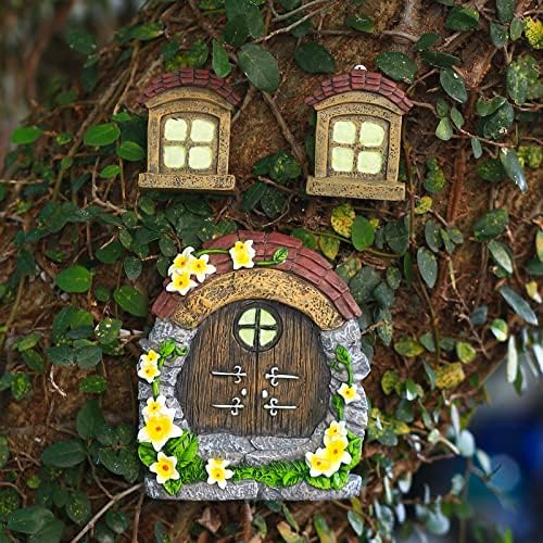 vomiceak Fairy Gnome Home for Tree Decor，Glow in Dark Fairy House Have Window and Door for Garden Decoration，Fairies Sleeping Door and Windows, Yard Art Garden Sculpture, Lawn Ornament