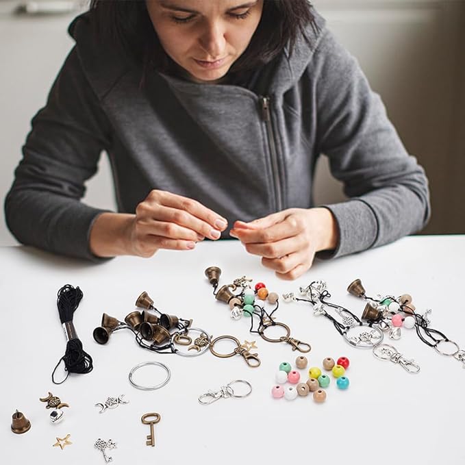 FREEBLOSS 4 Set 50+pcs DIY Witch Keychain Kit Witches Wind Chimes Witch Bells Kit Witch Craft Kit Witchy Home Decor Witch Decor Witch Bells for Keys for Protection Witch Craft for Beginners