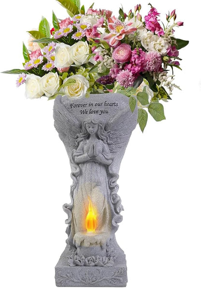 Cemetery Commemorative Gift - Garden Angel Statue with Solar Lights and Vases, Prayer Angel Vase,Angel Garden Statues Outdoor Decor, Tomb Cemetery Decoration