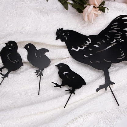 4Pcs Metal Chicken Garden Decorative Statues Distinct Hen and Chicks Silhouette Design,Black Hollow-Cut Yard Art, Perfect Decor for Lawns Yard Gardens