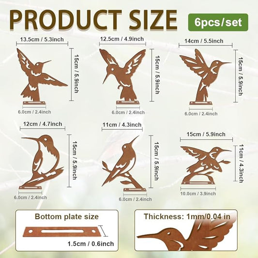 6 Pcs Hummingbirds Fence Decor, Outdoor Garden Metal Bird Decoration, Metal Art Ornament for Yard, Double-Side Design