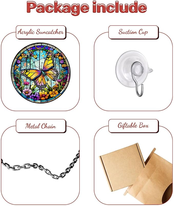 GENANY Butterfly Stained Glass Window Hanging, Sun Catcher with Metal Chain and Hook, Butterfly Spring Ornament Gifts for Women Men, Spring Home Decorations, Floral Themed Housewarming Gifts