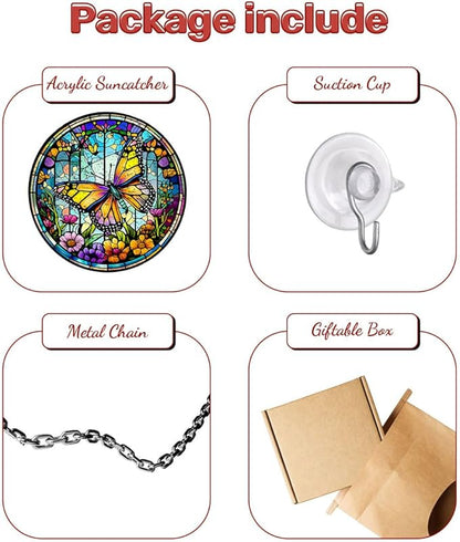 GENANY Butterfly Stained Glass Window Hanging, Sun Catcher with Metal Chain and Hook, Butterfly Spring Ornament Gifts for Women Men, Spring Home Decorations, Floral Themed Housewarming Gifts