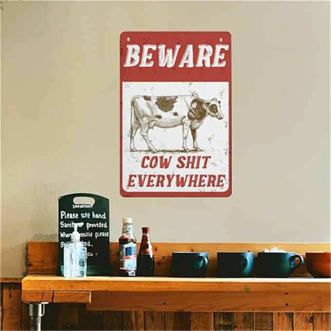 QHOVPA Farm Yard Sign Lawn Sign Metal Sign, Beware Cow Shit Everywhere Sign for Home Farmhouse or Business Use 8x12 inches Signage
