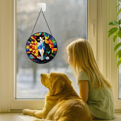 Stained Glass Window Hanging - Tuxedo Cat Rainbow Pattern 11.8in Sun Catchers Indoor Stained Glass Panels Wall Decor for Mom Wife Lovers Festive