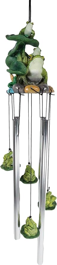 Ebros Gift Whimsical Summer Adventures Green Frog Mother with Babies Family Crouching On Lily Pads by Pond Resonant Tube Wind Chime Sculpture Outdoors Garden Lawn Patio Home Pool Deck Accent Decor