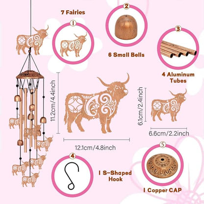 Highland Cow Style Metal Wind Chimes for Outside, Hanging Waterproof Aluminum Windchimes with Hook for Outdoor Garden Patio Porch Decor, 33“ Memorial Wind Chimes Friendship Gifts for Women