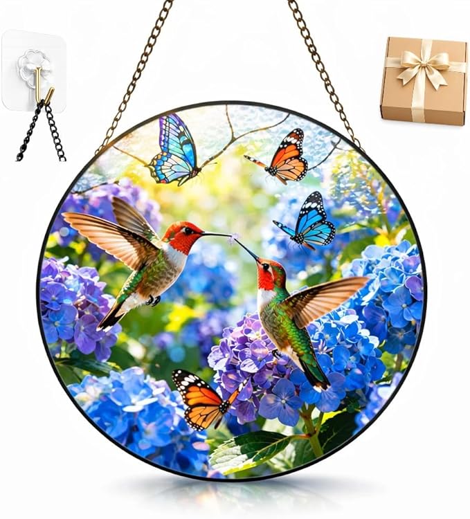 Hummingbird Stained Glass Suncatcher Window Hanging, 7.8" Flower Bird Sun Catcher, for Mom Grandma Family and Friends, Home Decor for Window, Kitchen, Sunroom and Garden