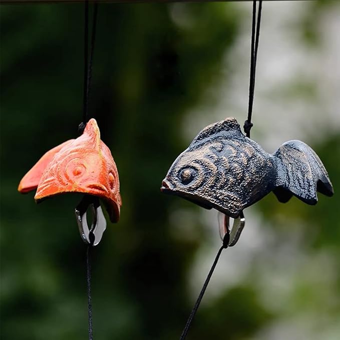 Set of 2, Japanese Bless Small Wind Chimes Outdoor, Iwachu Cast Iron Lucky Temple Wind Bell Memorial and Sympathy Wind Chimes for Outside Good Luck for Garden, Patio, Balcony(Goldfish and Plum)