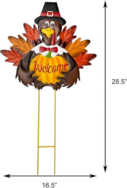 Autumn Metal Garden Stakes, Fall Harvest Thanksgiving Metal Pumpkin Welcome Sign with Turkey Stakes Yard Decorations 28.5''H, Garden Patio Lawn Yard Decor Fall Harvest Thanksgiving Outdoor Decorations