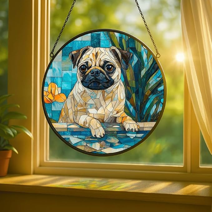 Stained Glass Window Hanging - Pug by The Pool with Yellow Flowers 11.8in Sun Catchers Indoor Stained Glass Panels Wall Decor for Mom, Wife, Lovers, Festive
