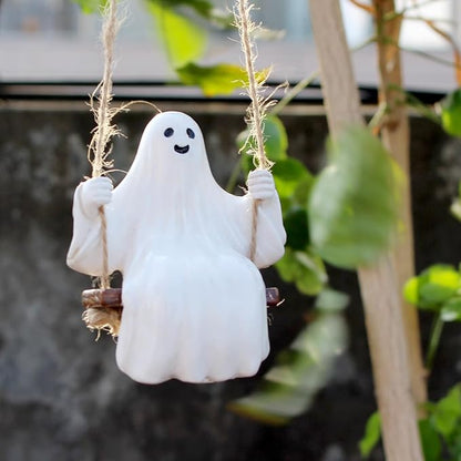 Swing Ghost Garden Statue Outdoor Halloween Decor, 3.39 Inch Cute Ghost Figurine Resin Sculpture Funny Tree Hanging Ornaments for Patio Lawn Yard