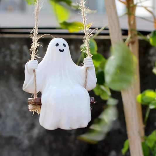 Swing Ghost Garden Statue Outdoor Halloween Decor, 3.39 Inch Cute Ghost Figurine Resin Sculpture Funny Tree Hanging Ornaments for Patio Lawn Yard