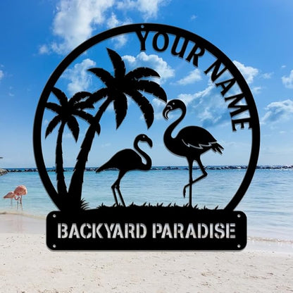 MeMate Flamingo House Signs, Flamingo House Metal Sign, Personalized Name Outdoor Sign, Flamingo House Outdoor Décor for Porch Deck Backyard Patio Pool, Flamingo Metal Sign Housewarming Gift for Family Friend 05