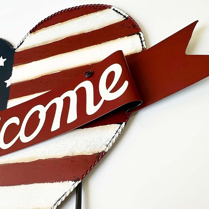 USA Flag Heart Welcome Lawn Sign – 22.5" x 16" Metal Garden Decorative Stake, Patriotic Yard Decor, American Flag Outdoor Decor for 4th of July, Red Blue & White Metal Sign, Memorial Day, Veterans Day, Rustic Americana Lawn Decoration