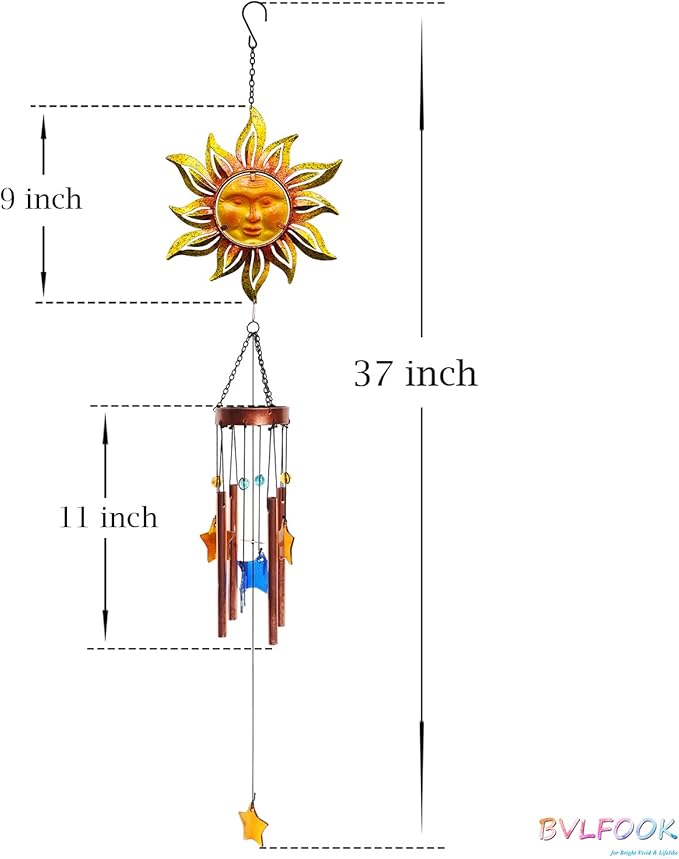 Sun Face Wind Chimes for Outside Valentine Decoration, Aluminum Tubes with Star Shape Suncatcher, Wind Chimes Hanging for Porch Patio Balcony Decor, 37 Inch