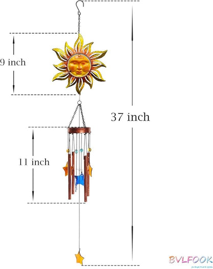 Sun Face Wind Chimes for Outside Valentine Decoration, Aluminum Tubes with Star Shape Suncatcher, Wind Chimes Hanging for Porch Patio Balcony Decor, 37 Inch