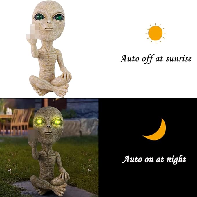 Solar Light Alien Statues Sculpture，Funny UFO Extraterrestrial Figurine for Home Garden Yard Art Outdoor Decoration.