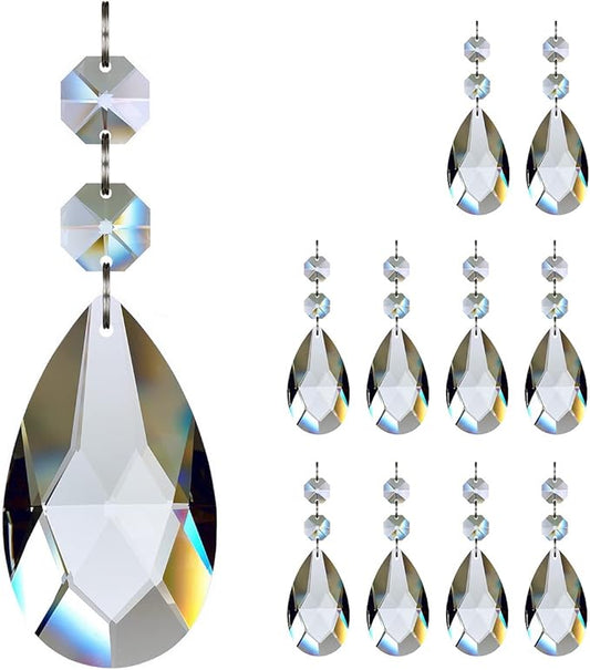10pcs 76mm Teardrop Chandelier Crystals, Clear Crystal Chandelier Prisms Pendants Parts Connected Glass Octagon Beads Hanging Garland Decoration