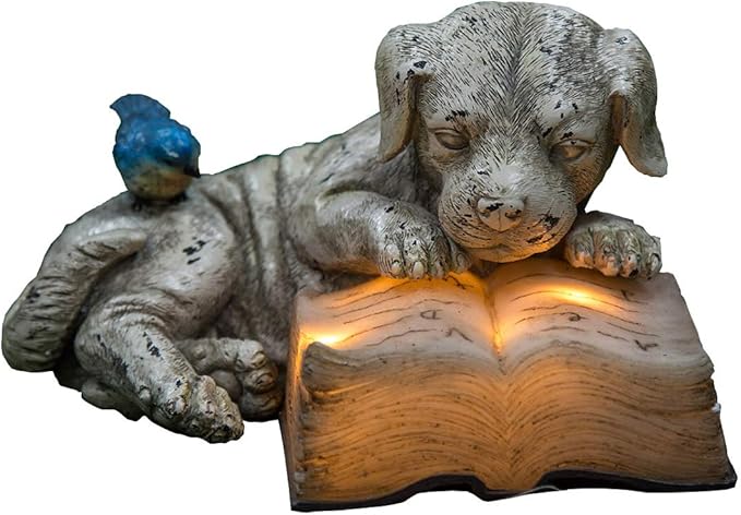 Topadorn Resin Dog Statue Solar Power Outdoor Statuary Cute Puppy for Garden Decoration, Dog Read a Book