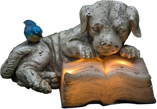 Topadorn Resin Dog Statue Solar Power Outdoor Statuary Cute Puppy for Garden Decoration, Dog Read a Book