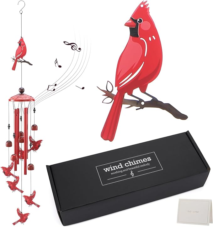 Cardinal Wind Chimes for Outside - Christmas Outdoors Cardinal Gifts Metal Inspirational Christian Windchimes with Greeting Cards Garden Decor Sympathy Memorial Yard Gifts for Christmas New Year