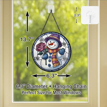 Stained Glass Window Hanging - Smiling Snowman with Rose,6.3in Sun Catchers Panel for Indoor Decorative Display for Mom， Wife， Lovers， Festive