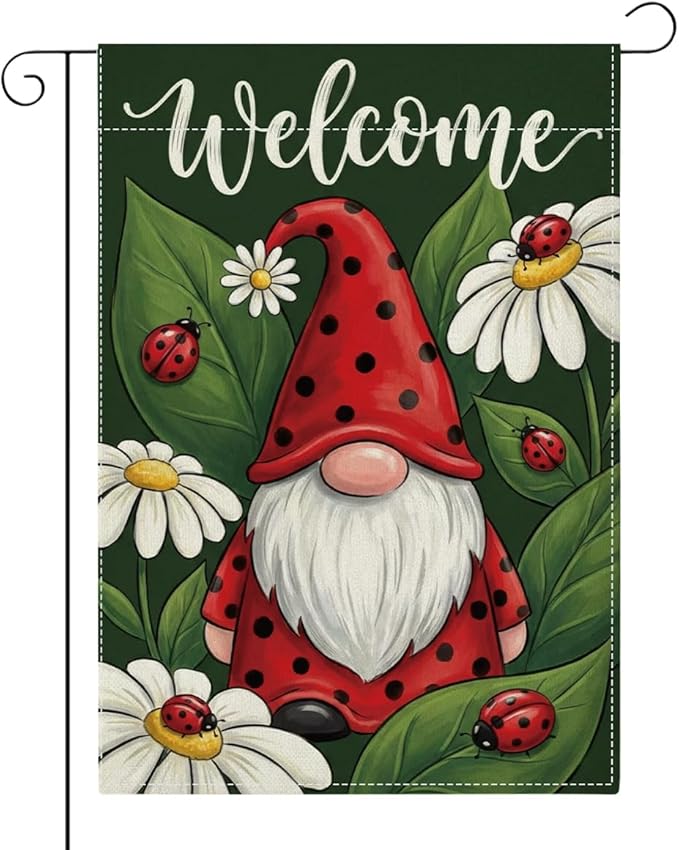 Welocome Spring Summer Seven Spotted Ladybug Gnome Garden Flag Daisy Flowers Spring Garden Flag Decor Summer Double Sided House Flag for Outside Yard Decorations 12×18 Inch