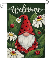 Welocome Spring Summer Seven Spotted Ladybug Gnome Garden Flag Daisy Flowers Spring Garden Flag Decor Summer Double Sided House Flag for Outside Yard Decorations 12×18 Inch