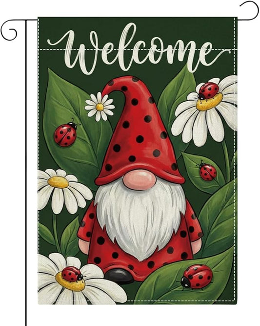 Welocome Spring Summer Seven Spotted Ladybug Gnome Garden Flag Daisy Flowers Spring Garden Flag Decor Summer Double Sided House Flag for Outside Yard Decorations 12×18 Inch