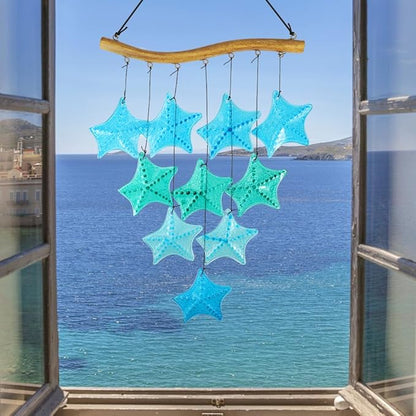 Vindar 28" Blue Starfish Glass Wind Chimes, Outdoor & Indoor Decor, Memorial Gift, Weather Resistant