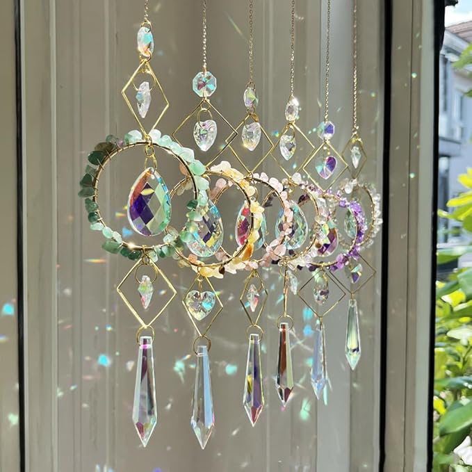 Crystal Suncatchers Window Hanging Wind Chime Natural Fluorite Amethyst Pendant Ornament,for Home, Garden Tree Plants, and Meditation Decor (White)