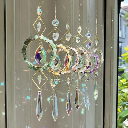 Crystal Suncatchers Window Hanging Wind Chime Natural Fluorite Rose Quartz Pendant Ornament,for Home, Garden Tree Plants, and Meditation Decor (Pink)