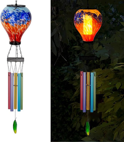 Starsoul Solar Wind Chimes for Outside, Colorful Hot Air Balloon Wind Chime with Flickering Flame, Outdoor Glass Windchimes Garden Decor, Gift for Mother's Day