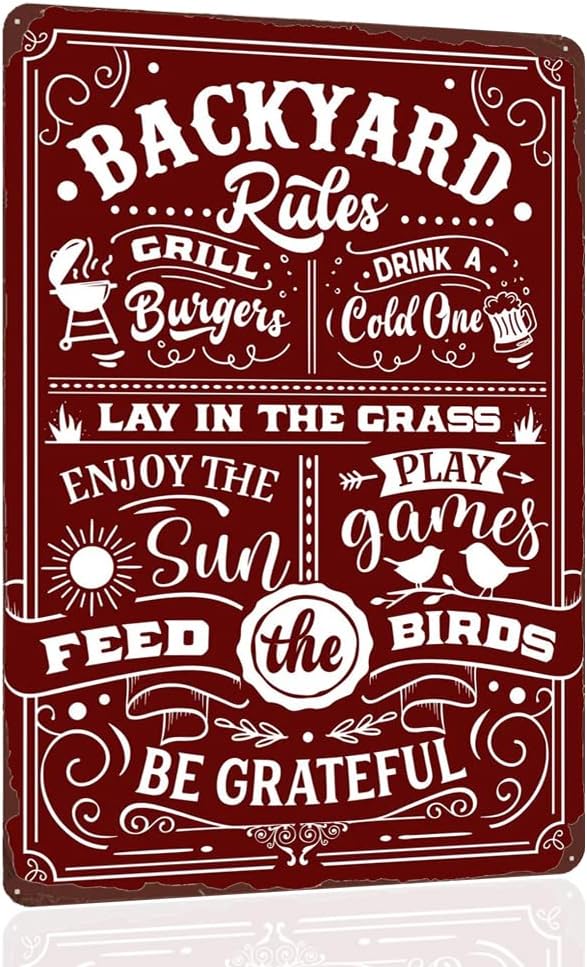 Backyard Rules Vintage Metal Poster, Funny Backyard Decor, Sweet Wall Decoration for Bar and Grill, Retro Metal Sign for Outdoor Patio, Porch, Pool 8x12 Inch