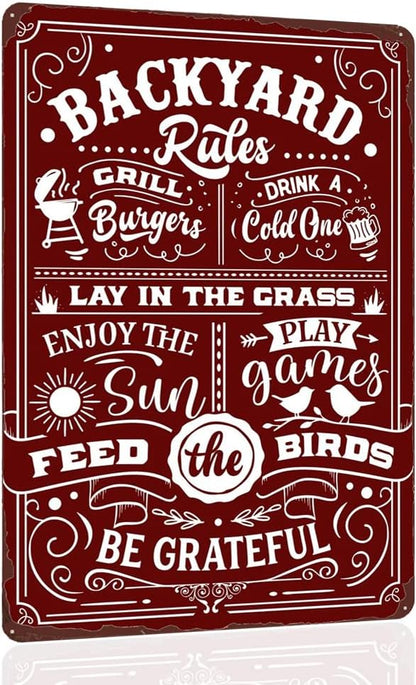 Backyard Rules Vintage Metal Poster, Funny Backyard Decor, Sweet Wall Decoration for Bar and Grill, Retro Metal Sign for Outdoor Patio, Porch, Pool 8x12 Inch