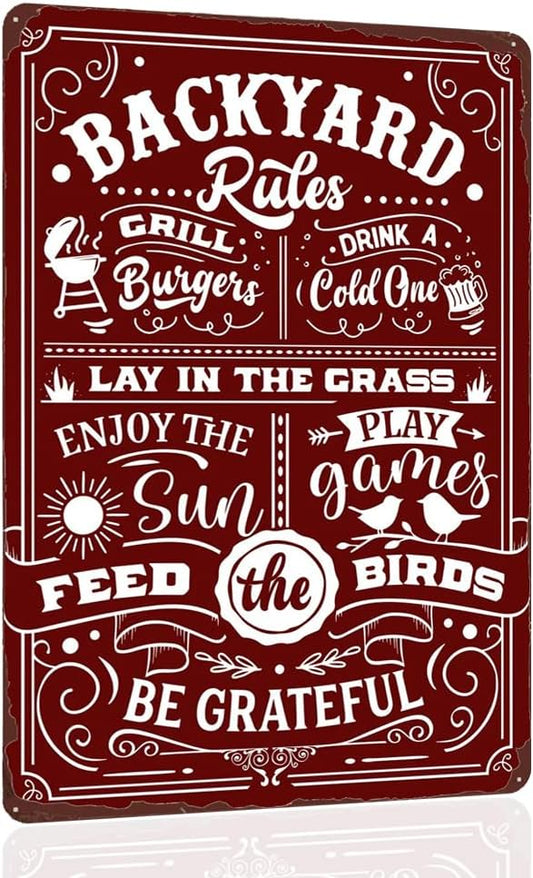 Backyard Rules Vintage Metal Poster, Funny Backyard Decor, Sweet Wall Decoration for Bar and Grill, Retro Metal Sign for Outdoor Patio, Porch, Pool 8x12 Inch